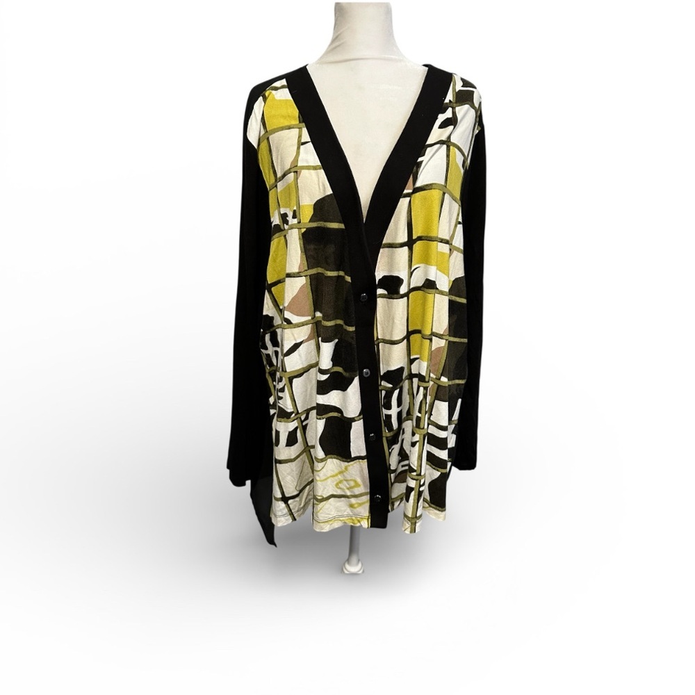 Womens Black & Yellow Patterned Button-Front Cardigan
